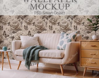 May include: A living room scene featuring a beige sofa with pillows and a teal throw blanket. The backdrop is a floral wallpaper with butterflies. A small wooden side table and a wooden dresser are also visible. The text "WALLPAPER MOCKUP" is displayed.