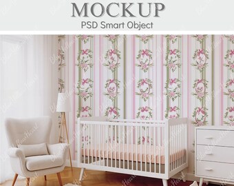 Nursery Wallpaper Mockup, Baby Room PSD Wall Mockup, Kids bedroom Mocks, Crib & Wallpaper Mockup, Interior Wall Mock-ups, Wall Decal Mock up