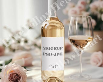 Maqueta de etiqueta de botella de vino, maqueta de etiqueta adhesiva de 4 x 6 para botella de vino en formato PSD, maqueta de etiqueta de champán, maquetas de etiquetas de vino blanco, etiqueta de botella en formato PSD