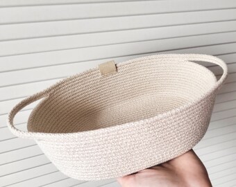 Cotton Rope Basket with Handle, Handmade Basket, Oval Cotton Rope Basket for Stylish Organization, Natural Color Handle Basket Collection