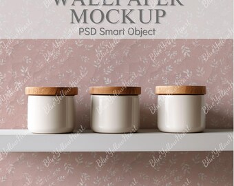 Minimalist Wallpaper Mockup with Jars on a shelf, Boho Wall Mural PSD, Smart Object Interior Wall Mockup, Clean Interior or Pattern Display