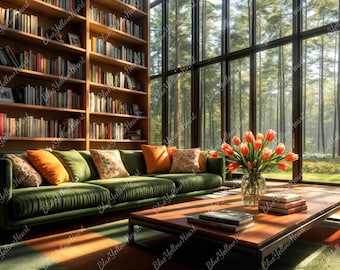 Home Office Zoom Background, Virtual Modern Office Digital Backdrop, Spring Living Room Zoom Background, Work from Home Virtual Office