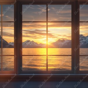 Home Office Zoom Background, Virtual Modern Office Digital Backdrop, Cozy Sunrise Ocean, Work from Home Virtual Office Background
