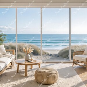 Pode incluir: Uma sala de estar clara e arejada com tema costeiro. Apresenta um sofá de cor clara, uma poltrona de vime e uma mesa de centro redonda. Grandes janelas oferecem vista para o oceano e a praia. O quarto é decorado em tons neutros.