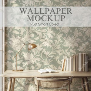 Peut inclure: Une maquette de papier peint avec un fond vert clair et un motif floral blanc. Le papier peint est affiché sur un mur dans une pièce avec un bureau, une chaise et une lampe. Le texte "WALLPAPER MOCKUP" et "PSD Smart Object" est affiché sur l'image.