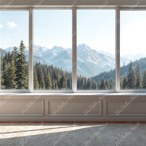 May include: A white room with a large window overlooking a mountain range. The window is divided into three sections, and the view is framed by white trim. There are bookshelves on either side of the window, filled with books.