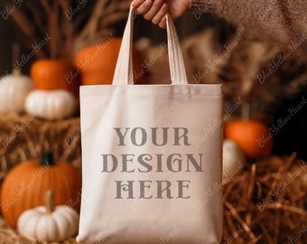 Halloween Fall Tote Bag Mockup, Autumn Pumpkins Spooky Canvas Tote, Natural Eco Bag Mock, Aesthetic Blank Tote Photography Prop