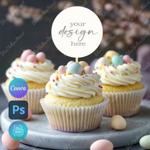 Cupcake Topper Mockup, Cupcake Toppers Vuoti, Torta di Pasqua Topper Mock-up JPG e PSD, Modello Cupcake Topper, Torta di Compleanno Mockup