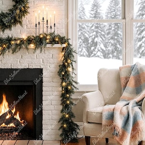 May include: A cozy living room scene with a fireplace, decorated for the holidays. A lit fire is in the fireplace, and a garland with lights and candles adorns the mantel. A soft blanket in peach and blue tones is draped over a cream armchair.