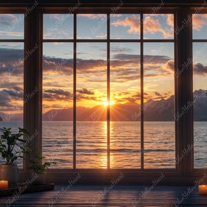 Home Office Zoom Background, Virtual Modern Office Digital Backdrop, Cozy Sunrise Ocean, Work from Home Virtual Office Background