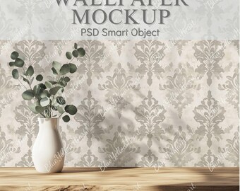 Minimalist Wallpaper Mockup with Eucalyptus Vase, Boho Wall Mural PSD, Smart Object Interior Wall Mockup, Clean Interior or Pattern Display