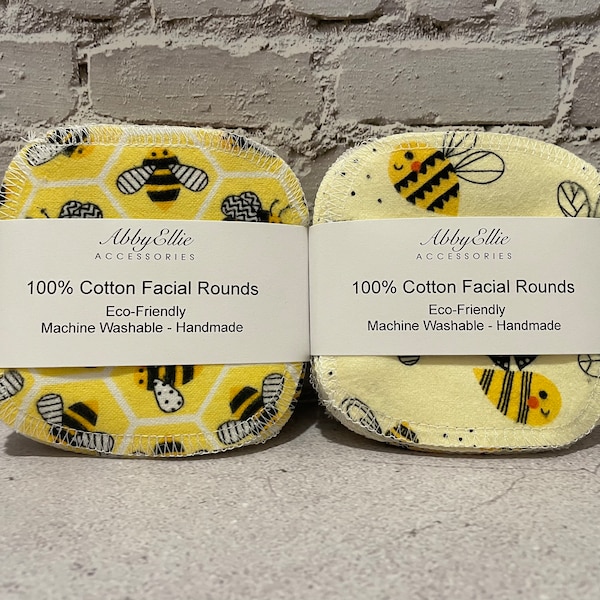 12 Bumble Bee Reusable Cotton Facial Rounds 4”x4” | Washable Makeup Remover Pad| Eco Friendly Cotton Rounds