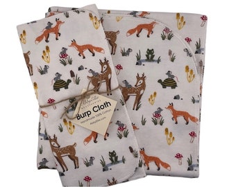 Woodland Animals flannel baby blanket. Single Layer Swaddle flannel blanket 36x36. Plus 1 Burp Cloth. Baby Shower gift. Fox Deer Frog mice