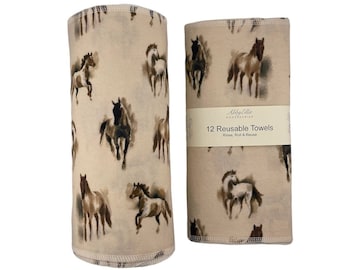 Toallas de papel sin papel, 12 unidades, 25 x 35 cm, 1 capa, ecológicas, para cocina sin papel, reutilizables, servilletas de tela, cero residuos, caballos