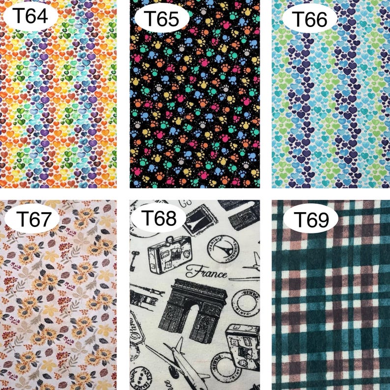 Peut inclure: &Eacute;chantillons de tissu avec divers motifs. L'un pr&eacute;sente des c&oelig;urs color&eacute;s, un autre des empreintes de pattes sur fond noir, et un troisi&egrave;me affiche des c&oelig;urs bleus et verts. D'autres &eacute;chantillons incluent des motifs floraux, des illustrations sur le th&egrave;me du voyage et un motif &agrave; carreaux.