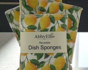 Reusable Dish Sponges – 3 Pack Lemon Print | Washable Eco-Friendly Kitchen Scrubber | Zero Waste Gift for Mom, Friends, Home