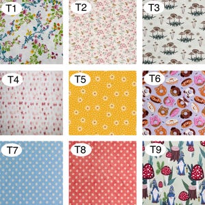 Peut inclure: Neuf &eacute;chantillons de tissu avec divers motifs. Rang&eacute;e du haut : floral, oiseaux et fleurs, et champignons. Rang&eacute;e du milieu : formes abstraites et marguerites. Rang&eacute;e du bas : pois et gnomes.