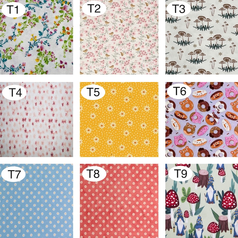 Peut inclure: Neuf &eacute;chantillons de tissu avec divers motifs. Rang&eacute;e du haut : floral, oiseaux et fleurs, et champignons. Rang&eacute;e du milieu : formes abstraites et marguerites. Rang&eacute;e du bas : pois et gnomes.