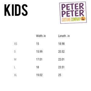 May include: White background with the word "KIDS" in large black letters. A table shows measurements in inches for XS, S, M, L, and XL sizes. The Peter Peter Costume Company logo is in the upper right corner.