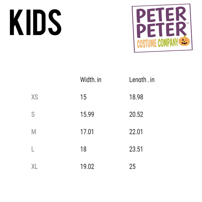 May include: White background with the word "KIDS" in large black letters. A table shows measurements in inches for XS, S, M, L, and XL sizes. The Peter Peter Costume Company logo is in the upper right corner.