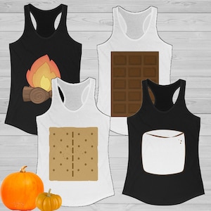May include: Four tank tops with different designs for a s'mores themed party. The first tank top is black with a campfire and flames. The second tank top is white with a graham cracker. The third tank top is white with a chocolate bar. The fourth tank top is black with a marshmallow.