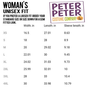 May include: A white size chart for unisex fit clothing, with measurements in inches for width, length, and sleeve length. The chart includes sizes XS to 4XL. The Peter Peter Costume Company logo is in the upper right corner.