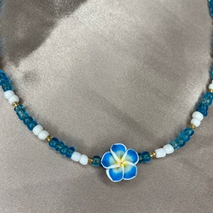 Blue plumeria beaded necklace