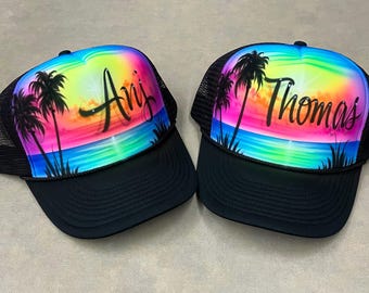 Airbrushed SnapBack trucker hat beach scene any name and colors