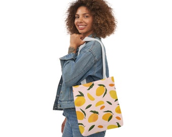 Mango Print Canvas Tote Bag, Colorful Straps, Eco Friendly Shopping Bag