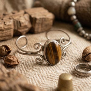 Vintage Nepali Tiger's Eye Silver Cuff, Scrollwork Design, Protection Jewelry