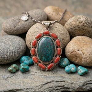 May include: Oval turquoise and coral pendant necklace with a silver chain. The pendant features a large, oval turquoise stone surrounded by smaller coral stones. Several turquoise stones are scattered around the necklace on a stone surface.