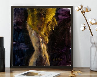 May include: A painting of a nude figure with a golden fabric draped over their torso. The background is a dark purple and blue.