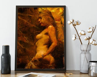 May include: A painting of a nude woman with long blonde hair, standing in a warm, golden light. The woman is facing away from the viewer, with her head turned slightly to the side. The painting is done in a loose, impressionistic style, with visible brushstrokes.
