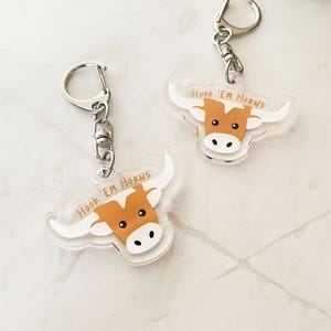 May include: Two clear acrylic keychains featuring a cartoon longhorn design. The longhorn is brown and white with the text "Hook 'Em Horns" in brown. Each keychain has a silver metal keyring.
