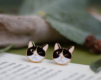 Tuxedo Cat Winking Enamel Stud Earrings- brass- 24K gold plated- steel stud- cat earrings- fun cat gift- cat head earrings- chubby cat