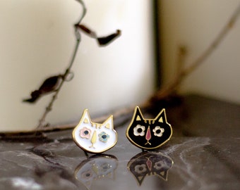 Skeleton Kitty Enamel Earrings, brass- 24K gold plated- steel stud- Día de los Muertos earrings- Day of the Dead earrings- Kitty earrings