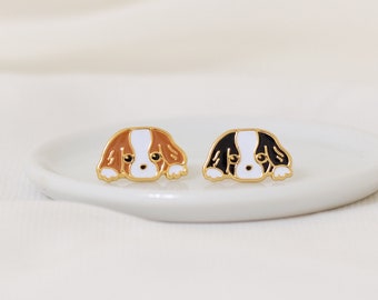 King Charles Spaniel- brass- 24K gold plated- steel stud- Enamel Earrings-Dog earrings- Fun dog Jewelry- Cute Gift for Dog Mom