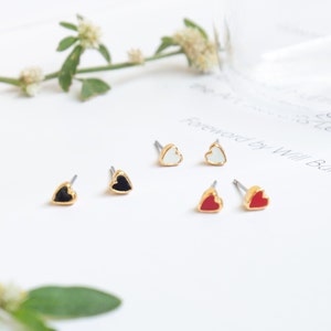 Tiny Hearts Earrings- brass- 24K gold plated- Steel stud- Enameled Earrings- Geometric Jewelry- Cute Gift- Valentine's day gifts earrings