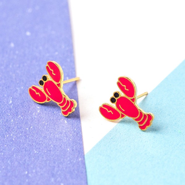 Lobster Enamel Earrings- brass- 24K gold plated- Steel posts- Sea Life earrings- Sea life Jewelry- Cute Gift- stud earrings- Drop earrings