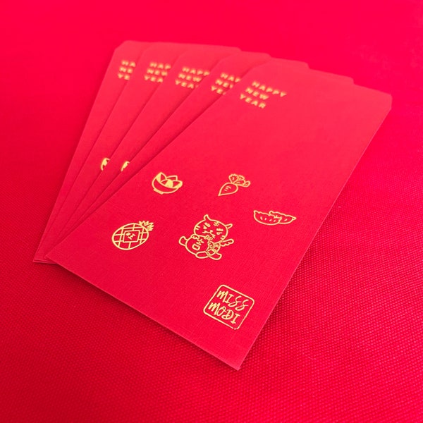 Gold foil Red Envelopes- Li Xi- Hongbao- Lunar New Year- Happy Chinese New Year- A Set of 5 red envelopes- cute cash envelope