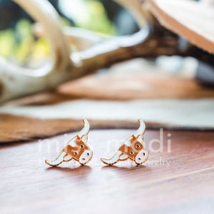 Hand-Painted Enamel Texas Longhorn Earrings: 24K Gold Plated