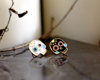 Sugar Skull Enamel Earrings, brass- 24K gold plated - steel stud- Día de los Muertos earrings- Day of the Dead earrings- skull earrings