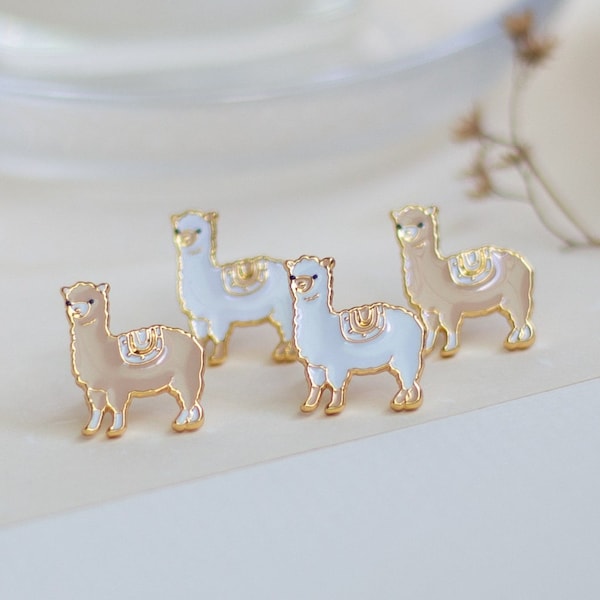 Alpaca Enamel Earrings/ Bracelet/ Necklace- brass- 24K gold plated- Steel stud- Enameled Earrings- Farm animals earrings- Cute Gift