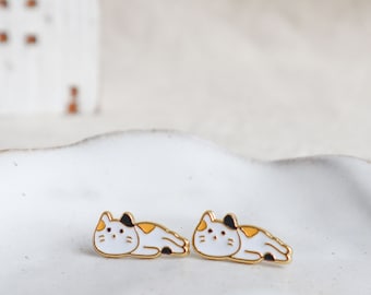 Calico's afternoon Enamel Stud Earrings- brass- 24K gold plated- steel stud- cat earrings- Calico Cat- fun cat gift- cat earrings