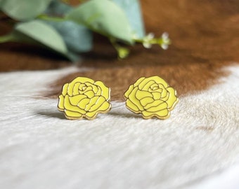Texas Yellow Rose Earrings- brass- 24K gold plated- steel stud- Enameled Earrings- Flower Jewelry- Flower earrings