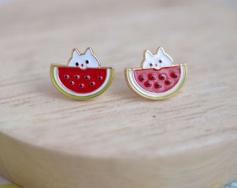 Red Watermelon Cat Enamel Earrings- brass- 24K gold plated- steel stud- cat earrings- Watermelon- fun cat gift- cat earrings-Fruit earrings