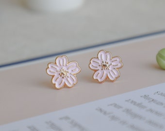 Sakura Fubuki Pink Enameled Earrings- brass- 24K gold plated- steel stud- Flower jewelry earrings- flower gifts- cherry blossom