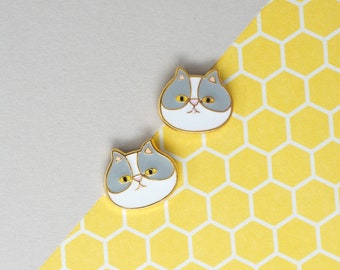 Gray Persian Cat Enamel Earrings- brass- 24K gold- steel stud- Cat earrings- cat head earrings- fun jewelry- Animal jewelry- fun cat gift