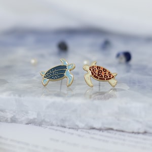Enameled Sea Turtle Stud Earrings: 24K Gold Plated Brass