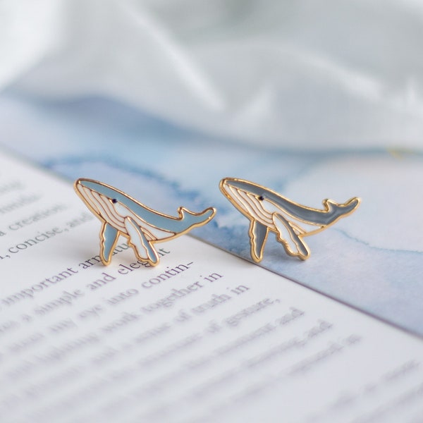 Humpback Whales Earrings- brass- 24K gold plated- Steel stud- Enameled Earrings- Sea Life earrings- Cute Gift- Stud earrings
